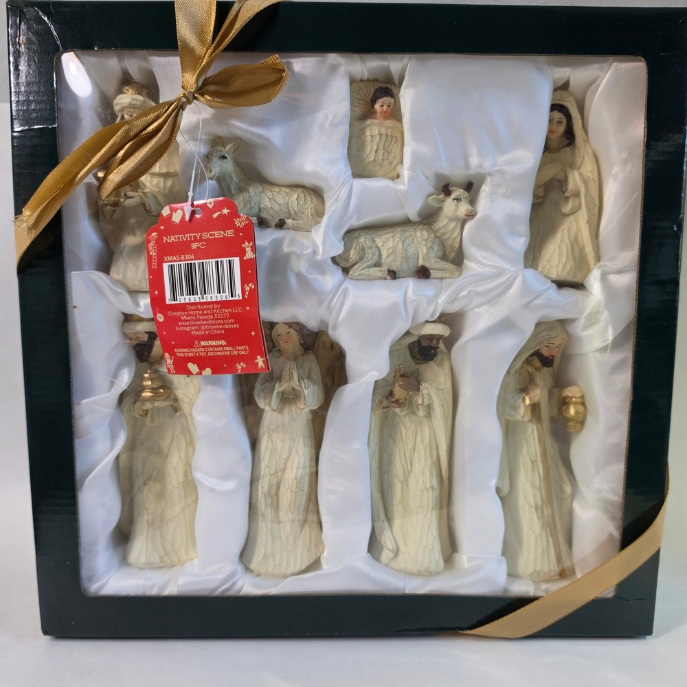 Tinsel & Elves Nativity Scene 9pc Resin Cream Gold Wood Look Set NEW